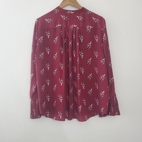 Ann Taylor Womens Burgundy Floral Popover Top Size L Peated Cuff Office Career - Picture 3 of 8